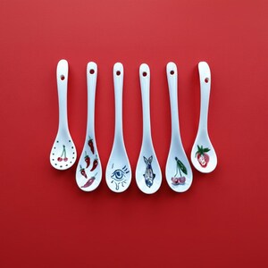 Hand-painted Porcelain Jam, Teaspoon: Fruits & Fish Design - Overglaze Painting, Serving Spoons