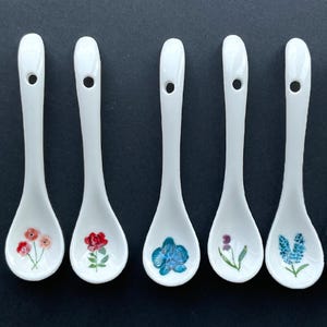Hand Painted Porcelain Jam Spoons: Floral Orchid & Rose Design - Set of 5