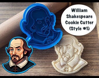 May include: Blue plastic cookie cutter shaped like William Shakespeare's face. A cookie cut with the cutter is shown next to it.