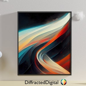 Puede incluir: Impresión de arte abstracto con fondo negro y líneas coloridas y giratorias en tonos de azul, naranja y blanco. La impresión está enmarcada en negro y tiene el texto "DiffractedDigital" debajo.