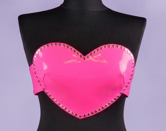Heart Shaped Neon Pink Vegan Leather Harness, Hot Pink Studded Heart Top, Festival Rave Clothing, Plus Size, Gothic Lolita Accessory