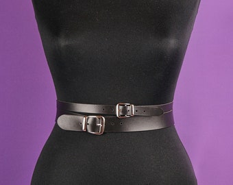 Double Buckle Leather Belt - Wide Belt - Garment Belt - Harness Belt - Black Belt - Gothic Belt - Waist Harness - Waist Straps - Gift Her