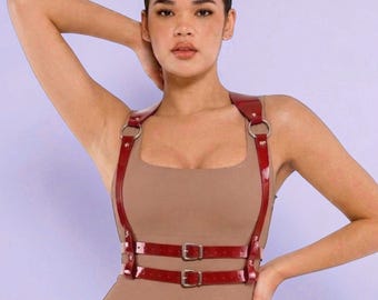 Red Patent Leather Harness, Gothic Body Harness Belt, Sexy Red Waist Suspender, Edgy Festival Outfit, Alternative Fashion Harness