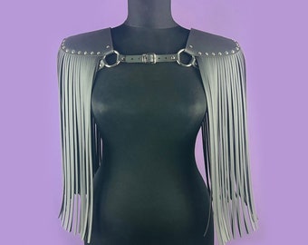 Long Tassel Leather Epaulette: Handmade Festival Shoulder Harness