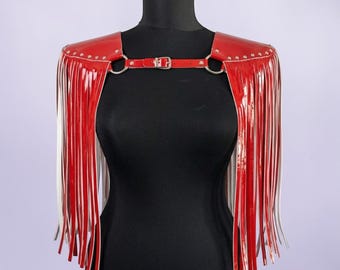 Red Patent Vegan Leather Fringe Epaulettes, Shiny Shoulder Harness, Festival Outfit Tassels