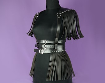 Leather Warrior Costume: Fringe Harness, Skirt & Epaulette - Larp Cosplay