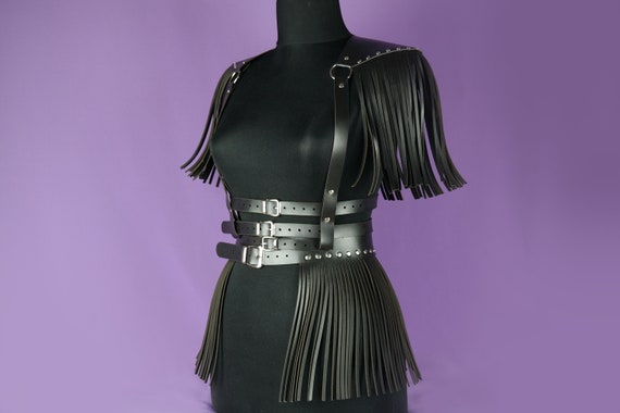 Leather Warrior Costume: Fringe Harness, Skirt & Epaulette - Larp Cosplay