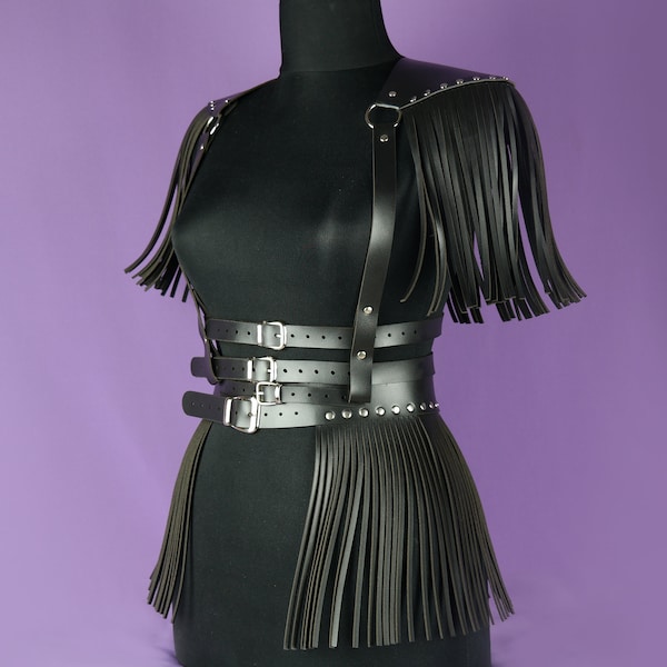 Leather Warrior Costume - Warrior for Larp and Cosplay - Fringe Harness - Fringed Skirt - Black Leather Epaulette - Tassel Harness Halloween