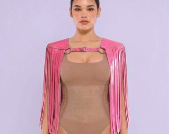 Hot Pink Vegan Leather Fringe Epaulettes, Shiny Shoulder Harness, Festival Outfit Armor