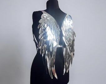 Silver Angel Wings Harness, Metallic Mirror Shine Festival Rave Costume