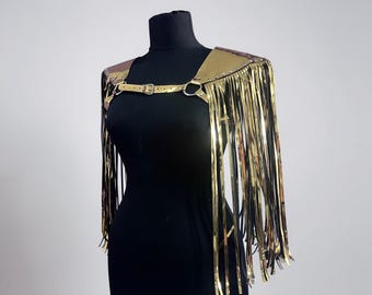 Gold Tassel Shoulder Harness, Metallic Fringe Bolero, Festival Costume Accessory
