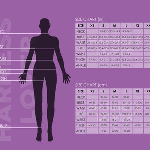 May include: Size chart for clothing in inches and centimeters. The chart shows measurements for neck, bust, waist, hip, wrist, thigh, and ankle. The chart includes sizes XS, S, M, L, XL, and XXL.
