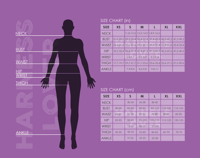 May include: Size chart for clothing in inches and centimeters. The chart shows measurements for neck, bust, waist, hip, wrist, thigh, and ankle. The chart includes sizes XS, S, M, L, XL, and XXL.