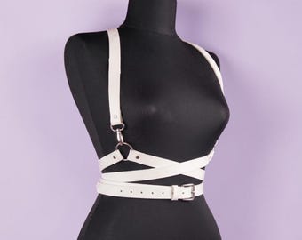 White Vegan Leather Harness, Body Harness Belt, Minimalist Chest Harness, Cyberpunk Rave Outfit Accessory, Adjustable Waist Belt