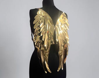 Gold Angel Wings Harness, Metallic Feather Top, Festival Rave Costume