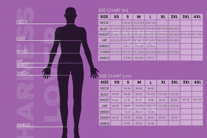 K&ouml;nnte beinhalten: Eine Gr&ouml;&szlig;entabelle in Zoll und Zentimetern mit Ma&szlig;en f&uuml;r Hals, Brust, Taille, H&uuml;fte, Handgelenk, Oberschenkel und Kn&ouml;chel. Gr&ouml;&szlig;en von XS bis 4XL, mit einer menschlichen Silhouette.