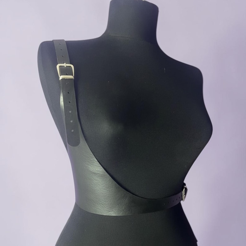Asymmetrical Leather Harness, Women's Waist Belt, Edgy Body Harness, Gothic Fashion Accessory, Adjustable O-Ring Chest Harness image 2