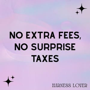 K&ouml;nnte beinhalten: Grafik mit dem Text "NO EXTRA FEES, NO SURPRISE TAXES" in Schwarz auf pastellfarbenem lila und blauem Hintergrund. Die Worte "HARNESS LOVER" stehen unten. Schwarze Sternschnuppen-Grafiken befinden sich in den Ecken.