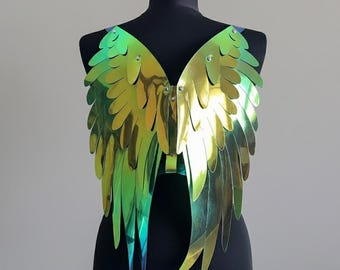 Holographic Angel Wings Harness – Iridescent Festival Costume, Rave Fairy Cosplay Outfit, Futuristic Wing Accessory
