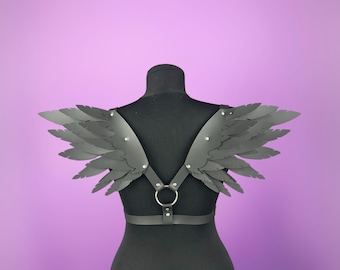 Black Leather Wing Harness: Gothic Angel Costume, Festival Cosplay