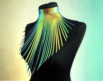 Holographic Statement Choker, Iridescent Feather Collar, Cyberpunk Rave Jewelry