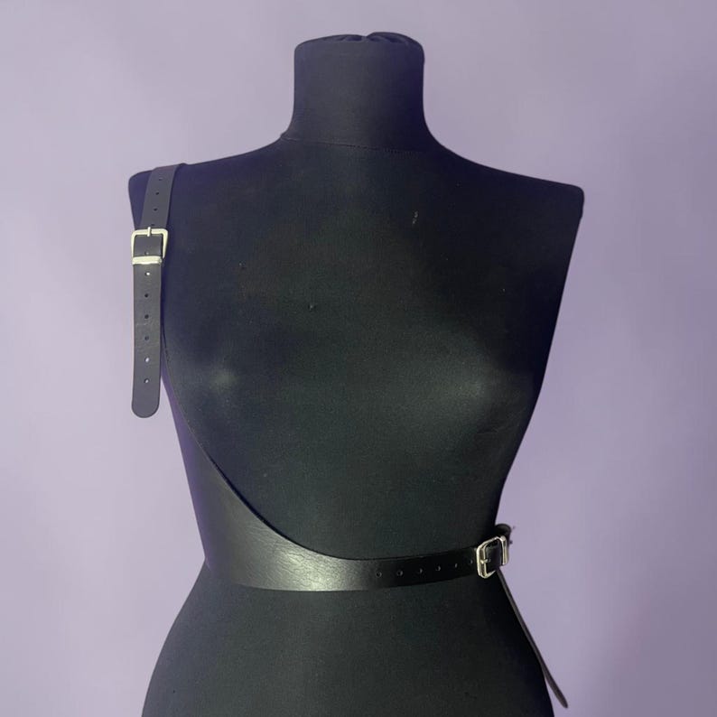 Asymmetrical Leather Harness, Women's Waist Belt, Edgy Body Harness, Gothic Fashion Accessory, Adjustable O-Ring Chest Harness image 3