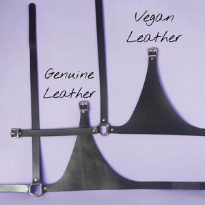 May include: Black leather harness with silver-tone hardware. The image shows two styles, one labeled "Genuine Leather" and the other "Vegan Leather". The harness features adjustable straps and a triangular chest piece, set against a lavender background.