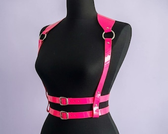 Neonroze patentharnas, Barbiecore-bodyriem, Y2K-glanzende taillebretels