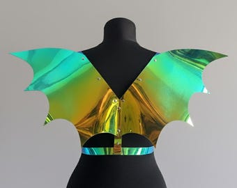Holographic Bat Wings Harness – Iridescent Dragon Fairy Costume, Festival Rave Outfit, Cyberpunk Cosplay Accessory