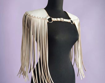 White Vegan Leather Fringe Epaulettes, Shoulder Harness, Boho Tassel Cape Accessory