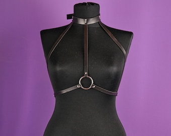 Vegan Leather Harness Cage Bra - Adjustable Chest Belt