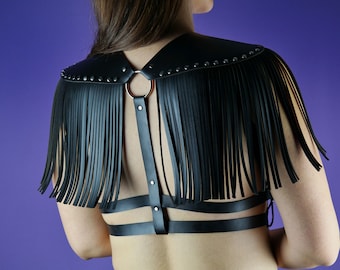 Leather Fringe Epaulette Harness: Gothic Tassel Shoulder Piece