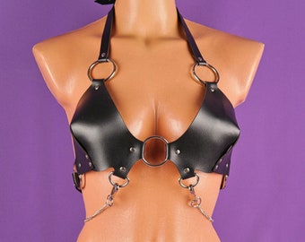 Leather Bra: Black Punk Bralette, Chest Harness - Custom Size