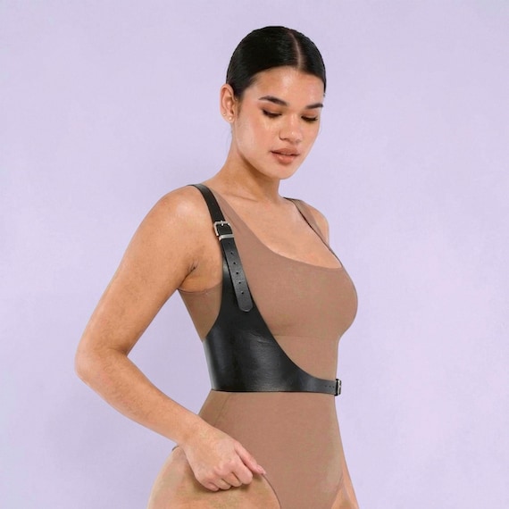 Asymmetrical Leather Harness, Women's Waist Belt, Edgy Body Harness, Gothic Fashion Accessory, Adjustable O-Ring Chest Harness