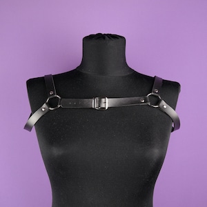 Pode incluir: Um arnês de couro preto com ferragens prateadas e duas correias ajustáveis. O arnês é exibido em um manequim preto contra um fundo roxo.