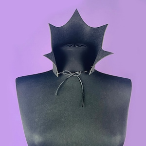May include: A black felt collar with a pointed, star-shaped design. The collar has a black ribbon tied in a bow at the front.