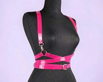 Neon Pink Vegan Leather Body Harness, Hot Pink Waist Harness, Plus Size Harness, Festival Rave Outfit Accessory, Punk Style Belt