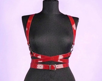 Red Patent Leather Harness, Shiny Red Vegan Body Harness, Gothic Fetish Style Accessory, Punk Rave Outfit, Adjustable Cherry Red Belt