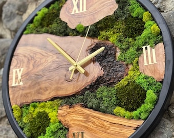 Handmade Wooden Wall Clock with Moss – Rustic Home Decor