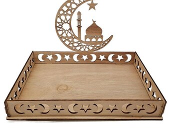 Laser cut digital file - .svg .dxf files - Eid tray decorated with mosque and palace, Laser cut wooden tray, Trays with writings for Muslims