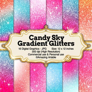 Könnte beinhalten: Eine Sammlung von sechzehn digitalen Grafiken mit lebendigen bonbonfarbenen Verläufen und einer glitzernden Textur. Ein zentrales dekoratives Etikett zeigt den Text Candy Sky Gradient Glitters, 16 Digital Graphics - JPG, Size: 30,48 x 30,48 cm, 300 dpi (High Resolution), Commercial use & Personal use, und Amazing Artable.
