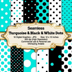 Può includere: Una collezione di 16 motivi grafici digitali senza cuciture con pois turchesi, neri e bianchi. L'etichetta decorativa centrale mostra il testo: Seamless Turquoise & Black & White Dots, 16 Digital Graphics - JPG, Size: 30,48 x 30,48 cm.
