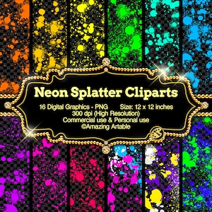 Neonfärgstänk Clipart: röd och svart paintballstänk regnbåge neonfärgstänk rosa fluorescerande stänk akvarell droppfärg blå