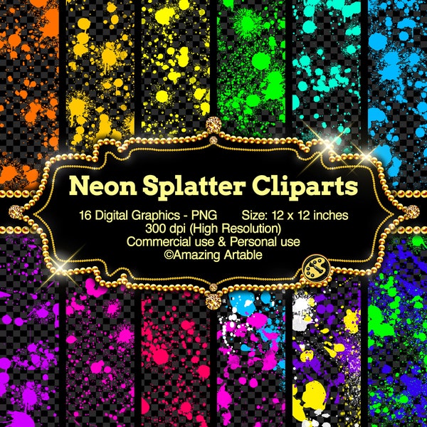 Neon Paint Splatter Clipart: Paintball rojo y negro salpicadura arco iris neón pintura salpicadura rosa fluorescente salpicadura acuarela goteo color azul