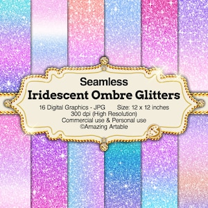 May include: 16 digital seamless iridescent ombre glitter patterns in various shades of pink, blue, and purple. Each pattern is 12 inches by 12 inches and 300 dpi. Commercial and personal use.
