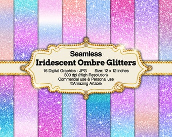 Iridescent Ombre Glitter Seamless Digital Paper: shimmering mermaid iridescent holographic ombre pink glitter rainbow gradient background