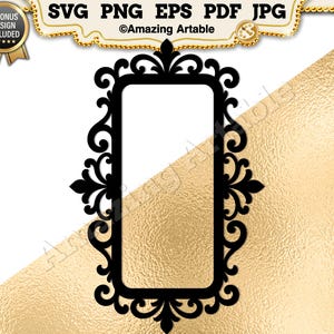 May include: A black rectangular frame with intricate scrollwork and filigree detailing along the edges. The design features a central vertical opening and is presented as a digital file format including SVG, PNG, EPS, PDF, and JPG options.