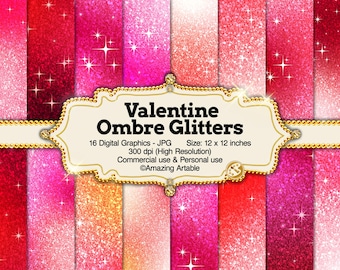 Valentine Ombre Glitter Digital Paper: neon pink gradient digital paper rosy red and purple ombre paper sunset romantic wedding background