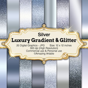 Luxury Silver Gradient & Glitter Digital Paper: high-quality silver gradient background metallic silver digital paper white gray ombre paper