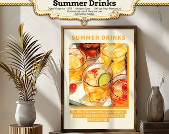 Summer Drinks Digital Print #8: lemon printable ice drink digital poster holiday wall art print beverage watercolor poster instant download